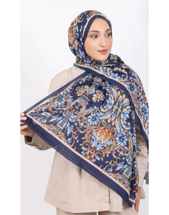 Luissa Bambu Kraş Şal Osmanlı Desen Lacivert