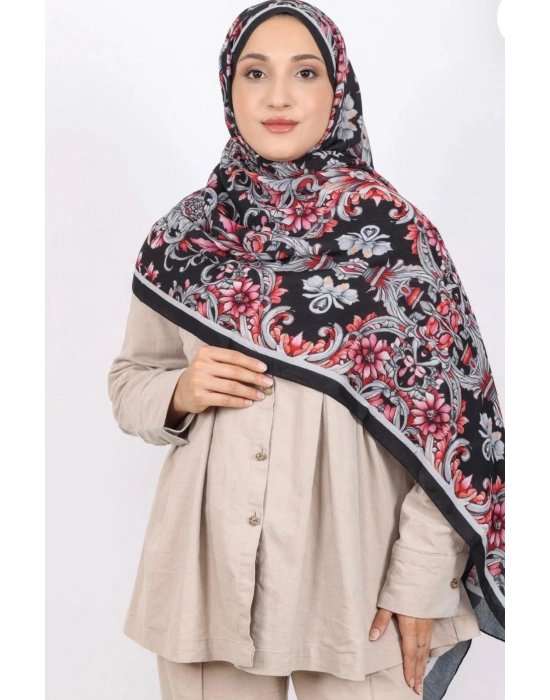 Luissa Bambu Kraş Şal Osmanlı Desen Siyah Gri