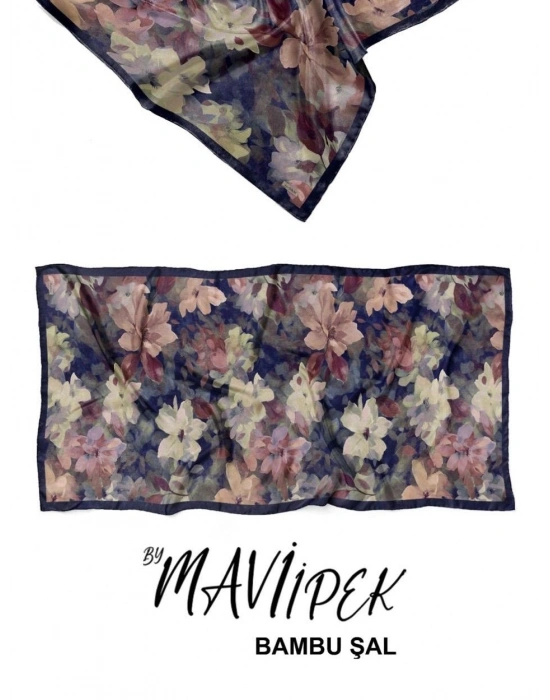 Mavi İpek Bambu Kraş Şal Desen 1 D1