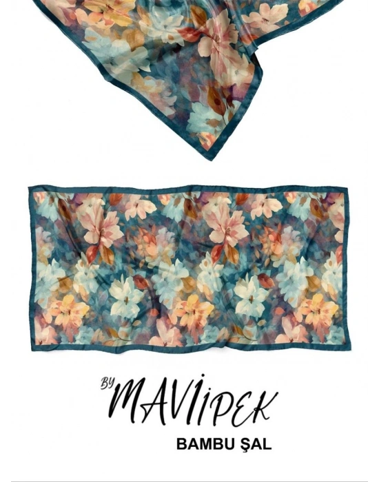Mavi İpek Bambu Kraş Şal Desen 1 D3