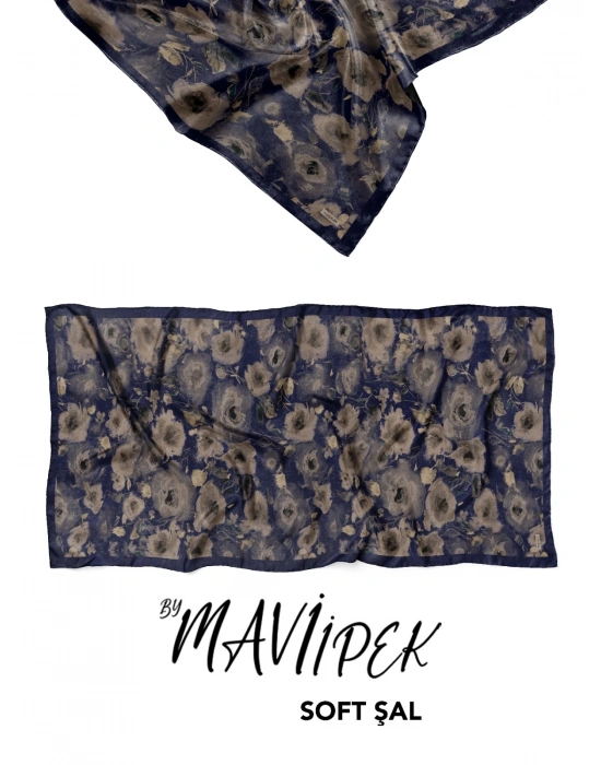 Mavi İpek Soft Pamuk Şal Desen 1 D4