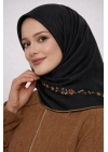 Bonjela Soft Eşarp Minimal Çiçek Desen Siyah Kiremit