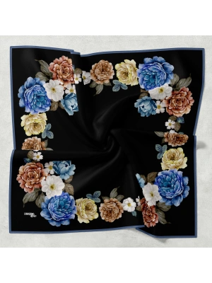 Bonjela Soft Eşarp D1 Çiçekli Siyah Mavi