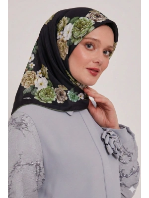 Bonjela Soft Eşarp D1 Çiçekli Siyah Haki
