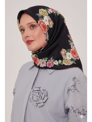 Bonjela Soft Eşarp D1 Çiçekli Siyah Pudra