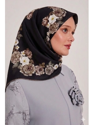 Bonjela Soft Eşarp D1 Çiçekli Siyah Vizon