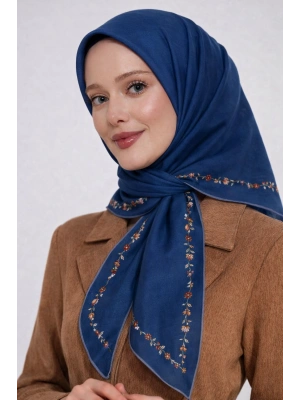 Bonjela Soft Eşarp Minimal Çiçek Desen İndigo Mavi