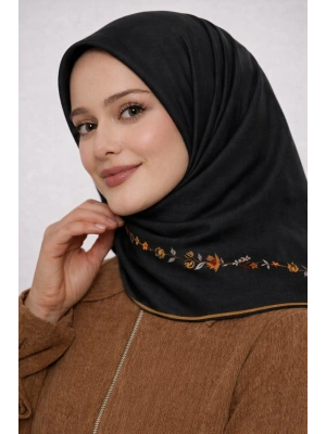 Bonjela Soft Eşarp Minimal Çiçek Desen Siyah Kiremit