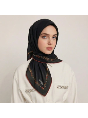 Bonjela Soft Eşarp Minimal Çiçek Desen Siyah Kırmızı