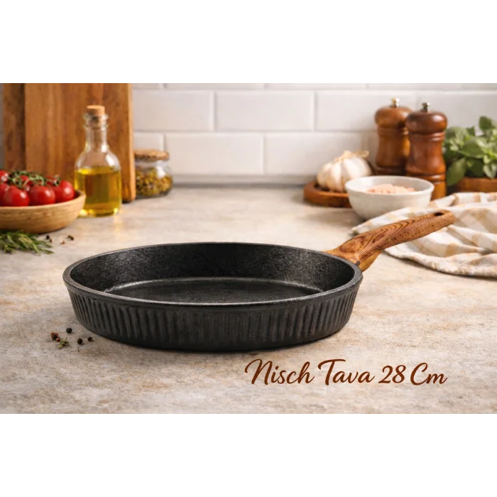 28 cm Febern Premium Bio Granit Alüminyum Döküm Nisch Tava (Siyah-Koyu Ahşap Kulp)