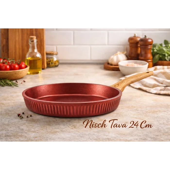 24 cm Febern Premium Bio Granit Alüminyum Döküm Nisch Tava (Metalik Kırmızı-Açık Ahşap Kulp)