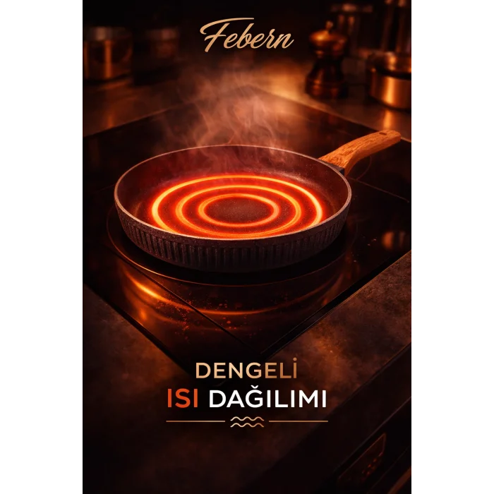 28 cm Febern Premium Bio Granit Alüminyum Döküm Nisch Tava (Metalik Kırmızı-Açık Ahşap Kulp)