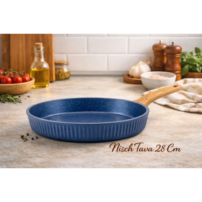 28 cm Febern Premium Bio Granit Alüminyum Döküm Nisch Tava (Klasik Mavi-Açık Ahşap Kulp)