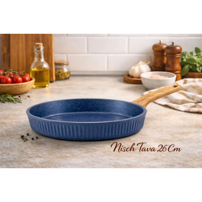 26 cm Febern Premium Bio Granit Alüminyum Döküm Nisch Tava (Klasik Mavi-Açık Ahşap Kulp)