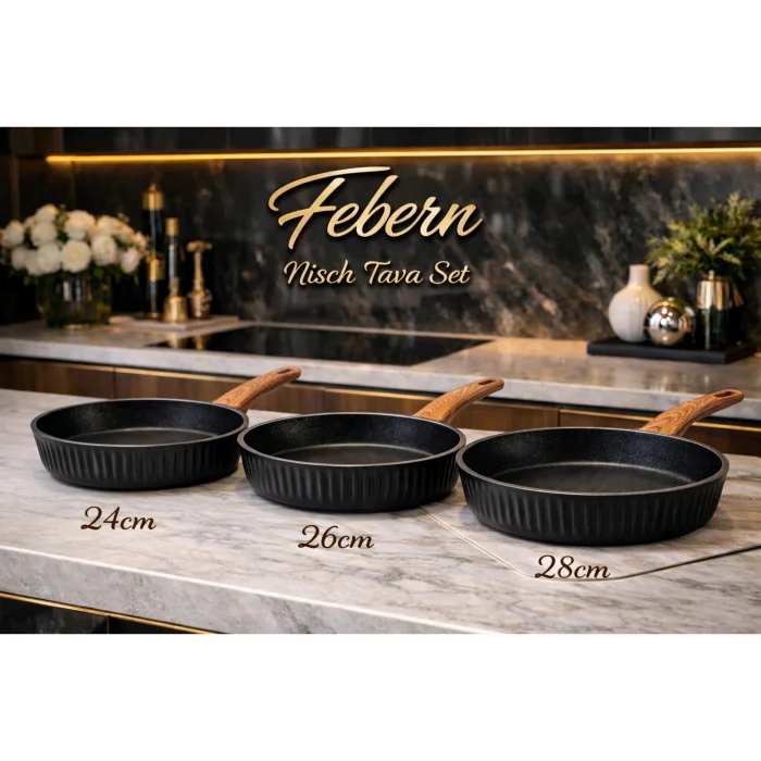 Febern Premium Bio Granit Alüminyum Döküm Nisch Tava Seti (Siyah-Koyu Ahşap Kulp)