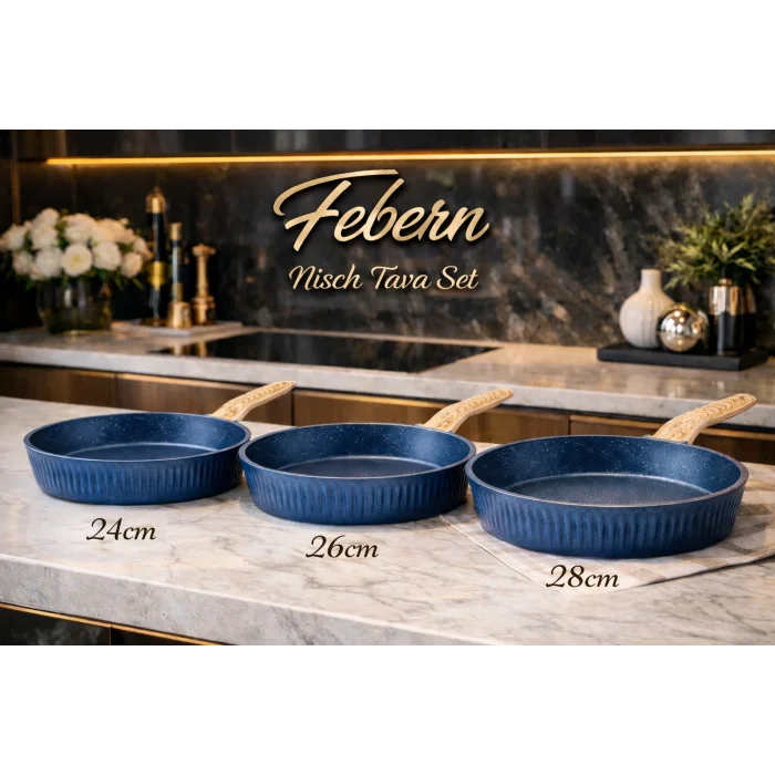 Febern Premium Bio Granit Alüminyum Döküm Nisch Tava Seti (Klasik Mavi-Açık Ahşap Kulp)