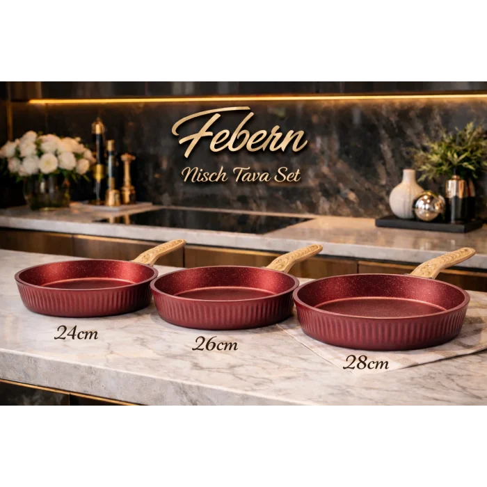 Febern Premium Bio Granit Alüminyum Döküm Nisch Tava Seti (Metalik Kırmızı-Açık Ahşap Kulp)