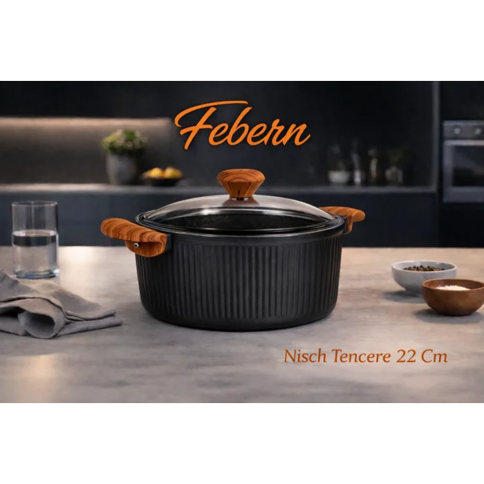 22 cm Febern Premium Bio Granit Alüminyum Döküm Nisch Tencere (Siyah-Koyu Ahşap Kulp)