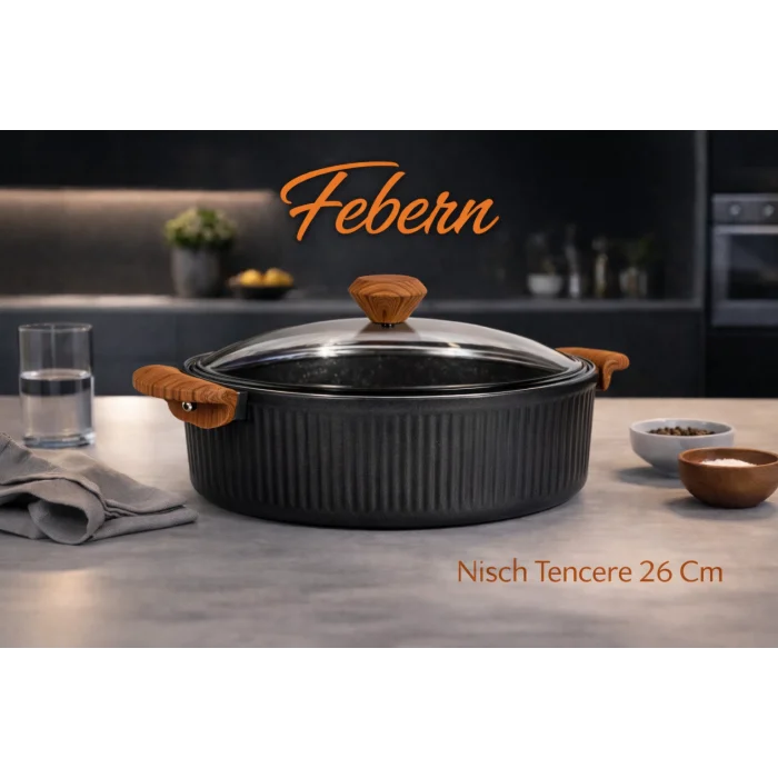 26 cm Febern Premium Bio Granit Alüminyum Döküm Nisch Tencere (Siyah-Koyu Ahşap Kulp)