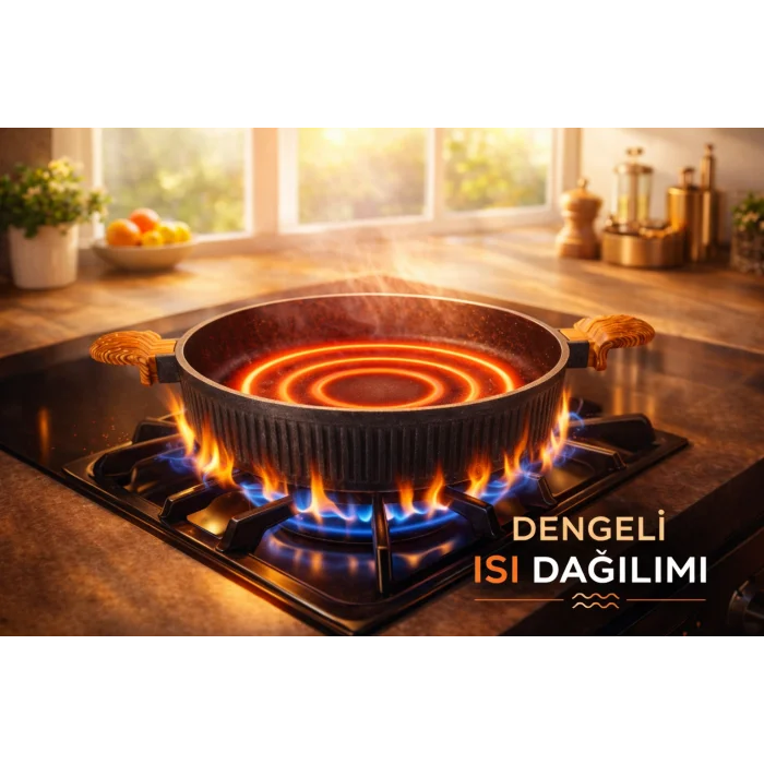 26 cm Febern Premium Bio Granit Alüminyum Döküm Nisch Tencere (Siyah-Koyu Ahşap Kulp)