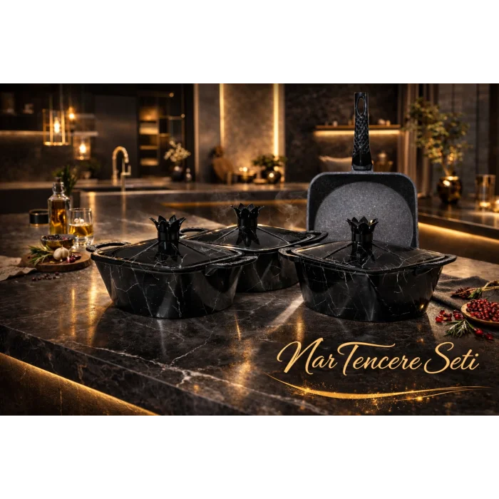 Febern Premium Bio Granit Alüminyum Döküm Nar Tencere Set - Black/Silver Edition