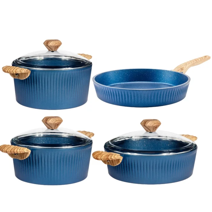 Febern Premium Bio Granit Alüminyum Döküm Nisch Tencere Seti (Klasik Mavi-Açık Ahşap Kulp)