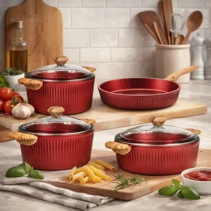 Febern Premium Bio Granit Alüminyum Döküm Nisch Tencere Seti (Metalik Kırmızı-Açık Ahşap Kulp)