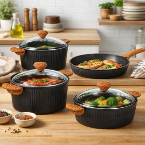 Febern Premium Bio Granit Alüminyum Döküm Nisch Tencere Seti (Siyah-Koyu Ahşap Kulp)