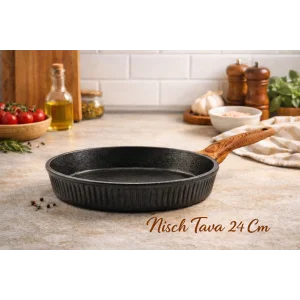 24 cm Febern Premium Bio Granit Alüminyum Döküm Nisch Tava (Siyah-Koyu Ahşap Kulp)