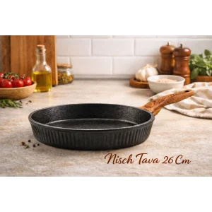 26 cm Febern Premium Bio Granit Alüminyum Döküm Nisch Tava (Siyah-Koyu Ahşap Kulp)