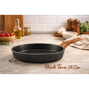 28 cm Febern Premium Bio Granit Alüminyum Döküm Nisch Tava (Siyah-Koyu Ahşap Kulp)