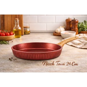 24 cm Febern Premium Bio Granit Alüminyum Döküm Nisch Tava (Metalik Kırmızı-Açık Ahşap Kulp)