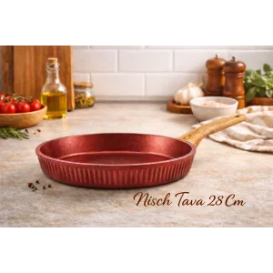 28 cm Febern Premium Bio Granit Alüminyum Döküm Nisch Tava (Metalik Kırmızı-Açık Ahşap Kulp)