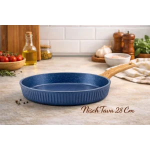 28 cm Febern Premium Bio Granit Alüminyum Döküm Nisch Tava (Klasik Mavi-Açık Ahşap Kulp)