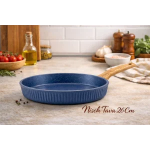 26 cm Febern Premium Bio Granit Alüminyum Döküm Nisch Tava (Klasik Mavi-Açık Ahşap Kulp)