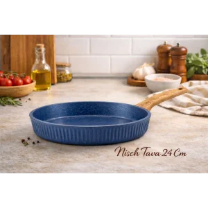 24 cm Febern Premium Bio Granit Alüminyum Döküm Nisch Tava (Klasik Mavi-Açık Ahşap Kulp)