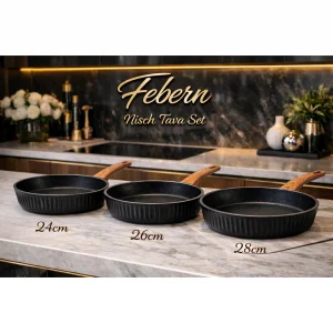 Febern Premium Bio Granit Alüminyum Döküm Nisch Tava Seti (Siyah-Koyu Ahşap Kulp)