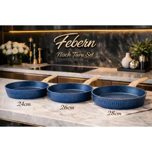 Febern Premium Bio Granit Alüminyum Döküm Nisch Tava Seti (Klasik Mavi-Açık Ahşap Kulp)