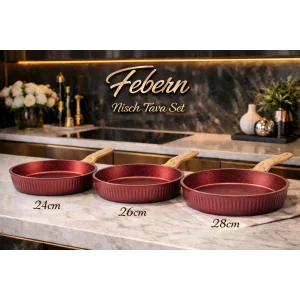 Febern Premium Bio Granit Alüminyum Döküm Nisch Tava Seti (Metalik Kırmızı-Açık Ahşap Kulp)