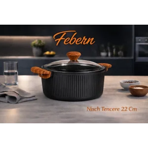 22 cm Febern Premium Bio Granit Alüminyum Döküm Nisch Tencere (Siyah-Koyu Ahşap Kulp)