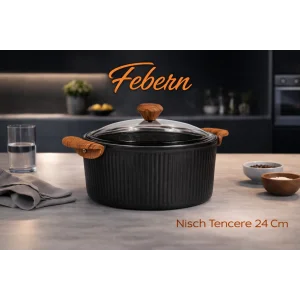 24 cm Febern Premium Bio Granit Alüminyum Döküm Nisch Tencere (Siyah-Koyu Ahşap Kulp)