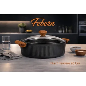 26 cm Febern Premium Bio Granit Alüminyum Döküm Nisch Tencere (Siyah-Koyu Ahşap Kulp)