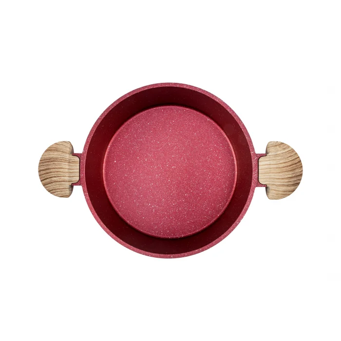 Febern Premium Bio Granit Alüminyum Döküm Nisch Tencere Seti (Metalik Kırmızı-Açık Ahşap Kulp)