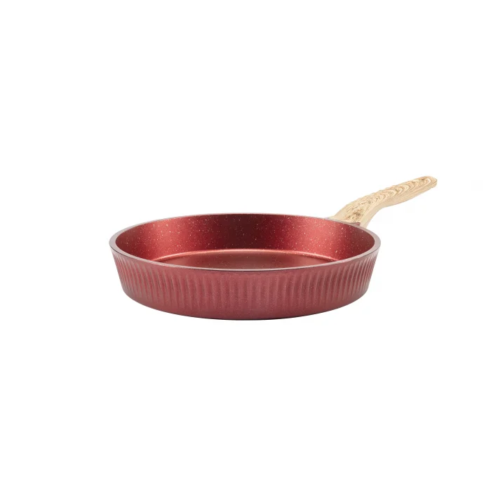 Febern Premium Bio Granit Alüminyum Döküm Nisch Tencere Seti (Metalik Kırmızı-Açık Ahşap Kulp)