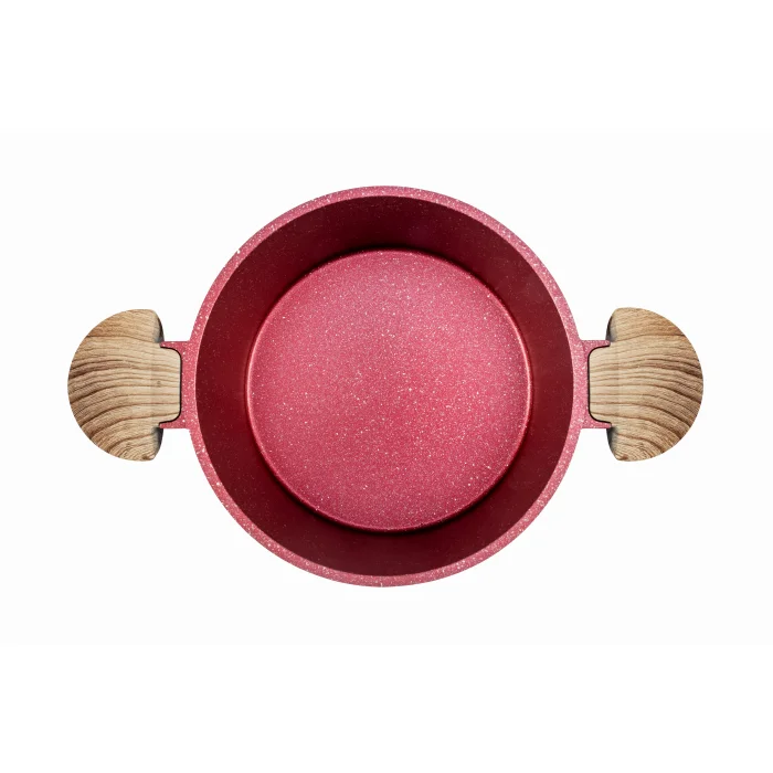 Febern Premium Bio Granit Alüminyum Döküm Nisch Tencere Seti (Metalik Kırmızı-Açık Ahşap Kulp)