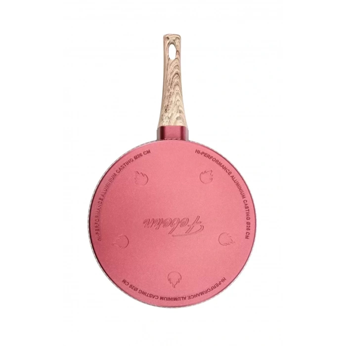 26 cm Febern Premium Bio Granit Alüminyum Döküm Nisch Tava (Metalik Kırmızı-Açık Ahşap Kulp)