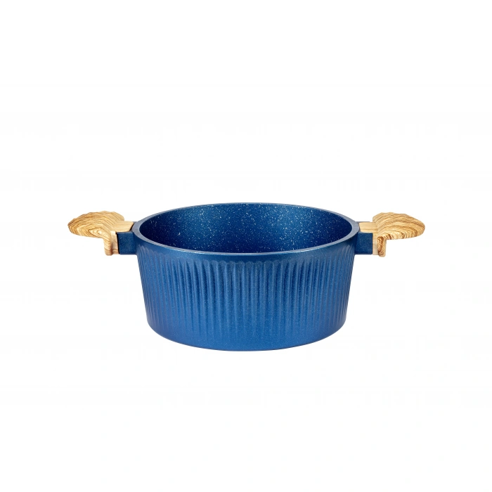 22 cm Febern Premium Bio Granit Alüminyum Döküm Nisch Tencere (Klasik Mavi-Açık Ahşap Kulp)