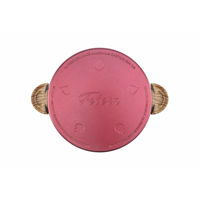 Febern Premium Bio Granit Alüminyum Döküm Nisch Tencere Seti (Metalik Kırmızı-Açık Ahşap Kulp)