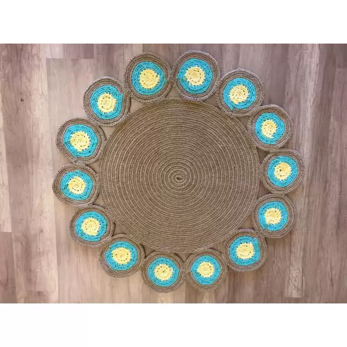 Hoom Rugs Jüt Kilim Açık Mavi Sarı 100x100 Daire