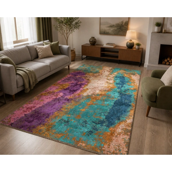 Hoom Rugs Arkaik PLZ 01 Eflatun Etnik Renkli Vintage Makine Halısı